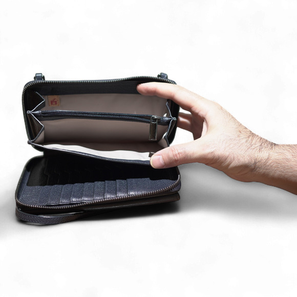 TUMI Phone Holder Wallet w/ Crossbody Strap Navy Leather RFID Gun Metal Hardware - Picture 5 of 12